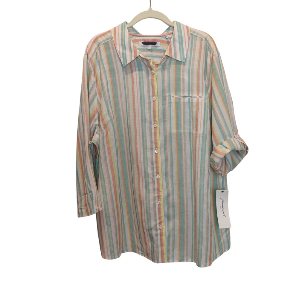 NWT Foxcroft Women's Sz 20W Tencel Linen Blend Stripe Button Up Shirt Roll Tab
